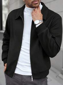 Manfinity CasualCool Men's Casual Solid Color Long Sleeve Jacket, Versatile For Autumn/Winter Men Jacket Men Zip Up Black Jacket - Black - View 3