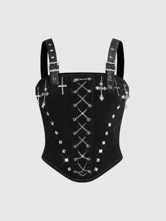 Goth Camiseta de terciopelo con marco de metal en forma de cruz y cadena de remaches, estilo gótico