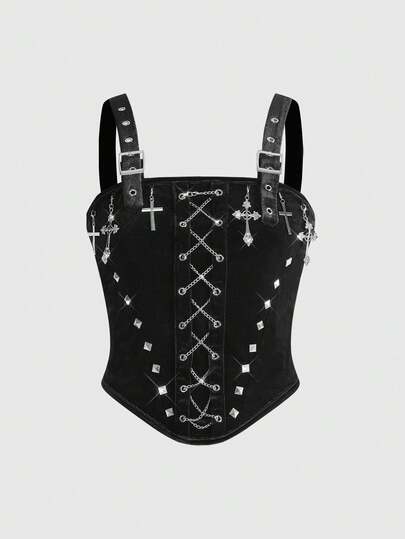 Goth Camiseta de terciopelo con marco de metal en forma de cruz y cadena de remaches, estilo gótico