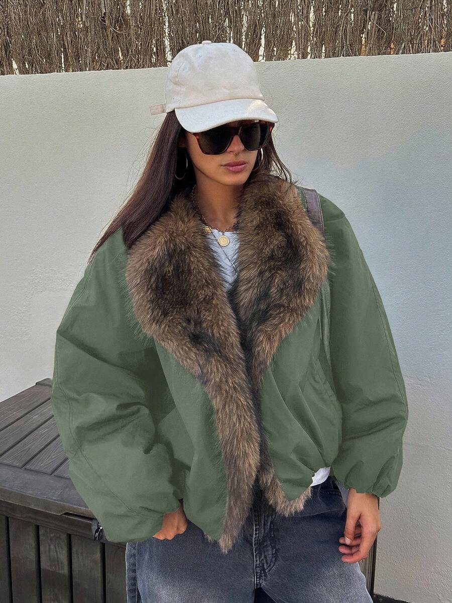 DAZY 女款撞色領寬鬆休閒街頭厚款冬季外套大衣 度假穿搭 - 軍綠色 - 查看 1