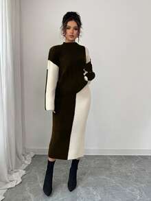 Selianne Women's Aniusta Dark Beige Colorblock Vintage Crew Neck Sweater Top And Skirt Set,Elegant,Brunch,Autumn,Versatile For Holiday,Independence Day,Music - Multicolor - View 4