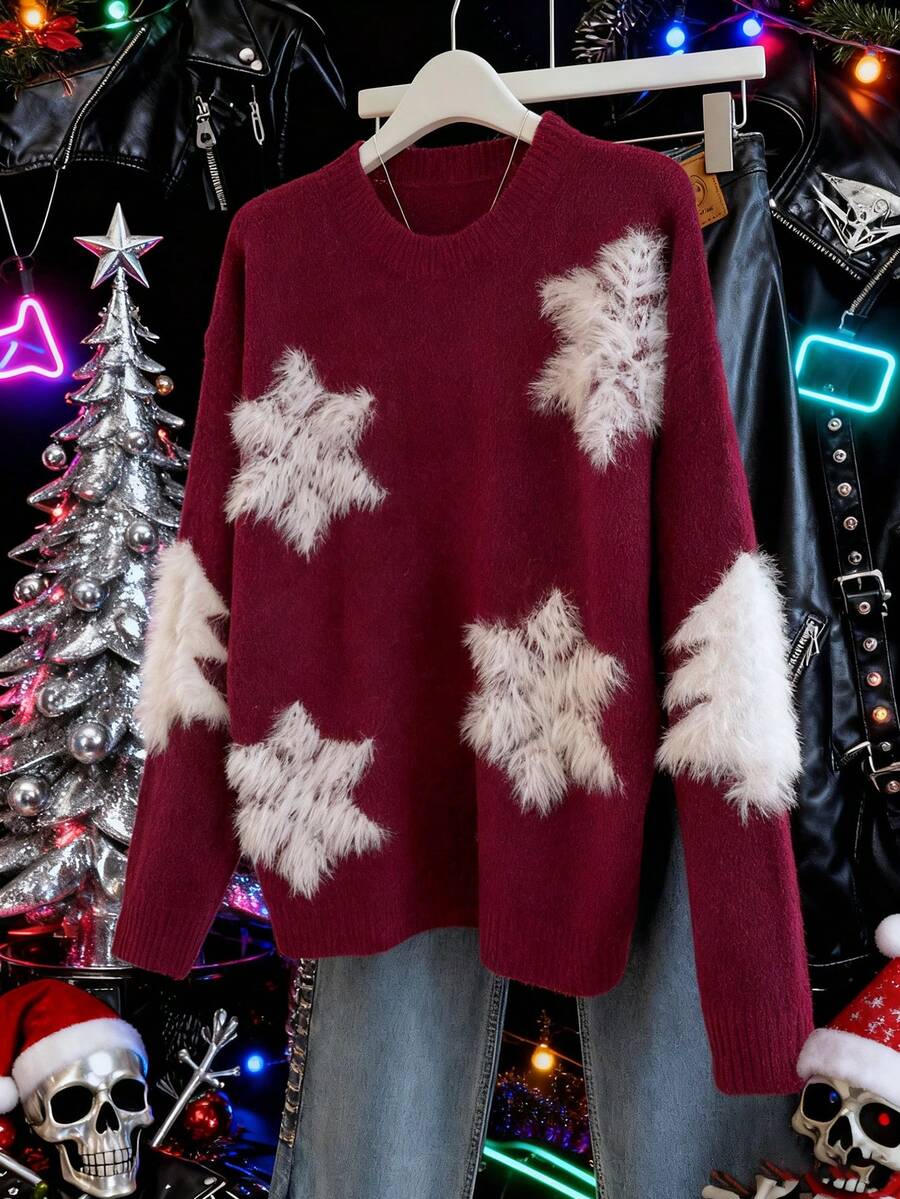 Franclia 女式宽松落肩长袖雪花圣诞针织毛衣，秋冬 - 酒紅色 - 查看 1