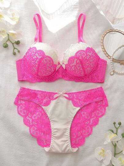 DelicateAllure 2 pezzi Reggiseno da donna con coppa modellata, con ferretto, in pizzo a contrasto di colore rosa, con effetto di sostegno e sollevamento, coppa 3/4, comodo