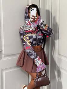 BamGleam Women's Slogan Checkered Print Long Sleeve Cropped Casual Hoodie