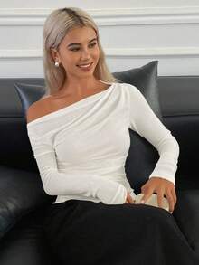 DAZY Women's Elegant City Casual Slim Fit Off Shoulder Long Sleeve T-Shirt