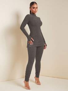 SHEIN SXY 秋季女装；女士纯色立领长袖上衣和裤子两件套保暖保暖套装；；；棕色西装两件套，女士舒适两件套家居服；女士灰色两件套；打底裤两件套；舒适两件套 - 灰色 - 查看 4