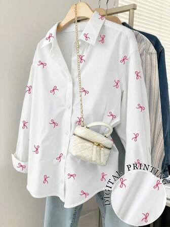 EMERY ROSE Plus Size Women's Drop Shoulder Long Sleeve Front Button Bowknot All-Over Print Fashion Shirt