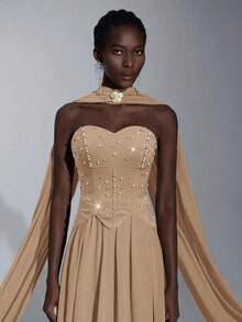 Elitara 优雅奢华手工水钻装饰露肩飘逸拼接弹性针织雪纺长裙，适合婚礼、活动、单身派对、度假、庆典、正式场合 - 卡其色 - 查看 3