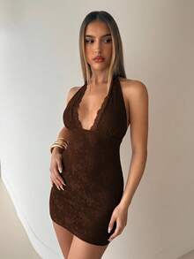 Aloruh 女士时尚性感蕾丝吊带迷你连衣裙 - 咖啡棕 - 查看 4