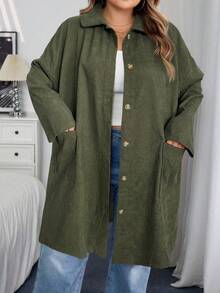 SHEIN CURVE+ Curve 加大码/秋装/秋季女装/女冬装/冬装大码女式乡村风格灯芯绒双口袋纽扣门襟中长外套，秋季夹克加大码夹克 8xl 女装 6xl 加大码女装 5xl 加大码加大码灯芯绒夹克，女式秋季服装/秋/冬 - 軍綠色 - 查看 6
