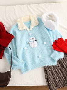 SHEIN Girls' Snowman Pattern Simple Turndown Collar Casual Solid Color Knit Pullover Sweater, Soft & Comfortable, Suitable For Autumn/Winter, Christmas