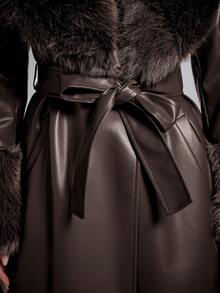 SHEIN BAE Women's Solid Color Fur Collar Fashionable Versatile Long Coat - Coffee Brown - View 3