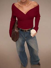 SHEIN BAE 女士优雅纯色修身长袖毛衣，秋冬季，红色上衣，情人节 - 酒紅色 - 查看 3