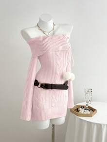 Elamini 性感扭纹针织露肩紧身毛衣裙 - 粉色 - 查看 3