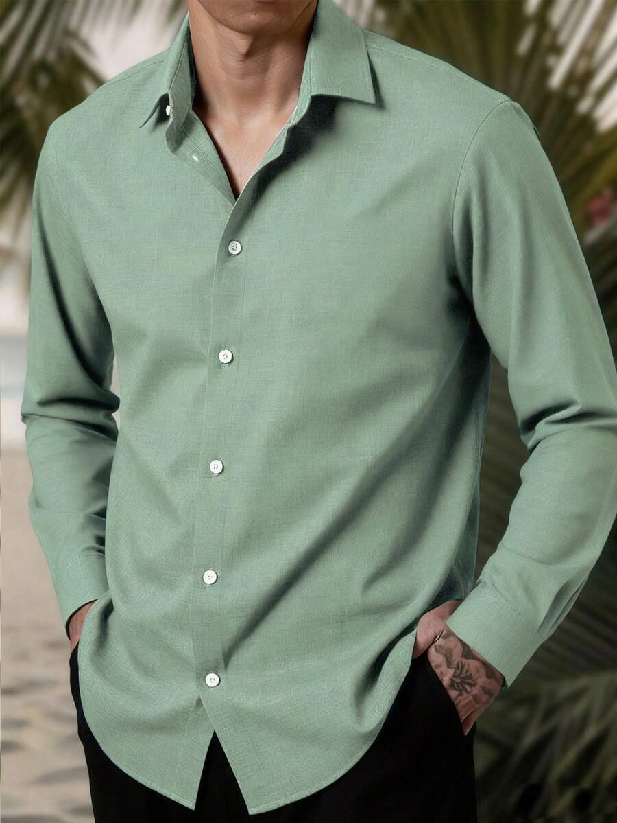 Manfinity Mode Áo sơ mi nam tay dài màu trơn dáng rộng thoải mái, hoàn hảo cho mùa thu/đông, phù hợp cho những dịp trang trọng công sở thường ngày - Món quà tuyệt vời cho Ngày của Cha - Màu xanh Bạc hà - Xem 1