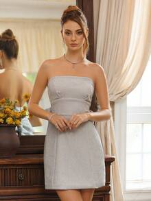 SHEIN Unity Women's Metallic Pleated Bust Mini Dress With Bowknot Back, Suitable For Party In Autumn/Winter - Silver - View 7