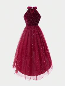 Girls' Round Neck Sleeveless Sequin Contrast Mesh Elegant Short Front Long Back Party Dress, Suitable For Christmas, Halloween - Red - View 6
