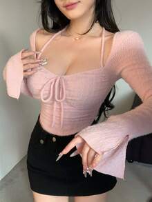 DAZY 女士长袖纹理毛绒系带领口抽绳喇叭袖上衣，粉色，秋冬Y2K风格 - 西瓜粉 - 查看 11