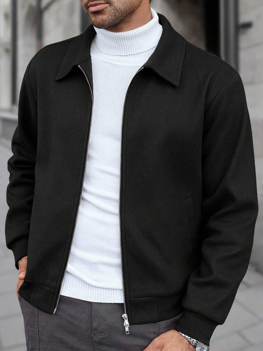 Manfinity CasualCool Men's Casual Solid Color Long Sleeve Jacket, Versatile For Autumn/Winter Men Jacket Men Zip Up Black Jacket - Black - View 1