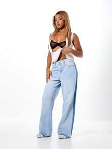 SUMWON WOMEN High Rise Wide Leg Palazzo Jeans With Contrast Side Panel Detail For Women