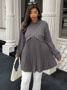 Easura Plus Size Elegant Commuter Shirt With Pearl Decor And Pleated Design - Grey - View 3