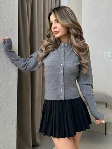 Jemour Gray Short Slim Front Button Solid Color Long Sleeve Simple Casual Knit Cardigan,Gray Sweater,Short Women's Sweater,Women's Sweaters,Knit Sweaters,Winter Women's Clothing,Fall Women's Clothing,FW24,Knitted Sweater - Grey - View 5
