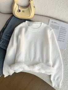 Genkimix Kids Jersey de niña con tejido especial de hilo, adornos de lentejuelas y perlas, cuello redondo, manga larga, jersey de punto, diseño de lujo con combinación, sensación de alta gama, estilo académico blanco puro, otoño/invierno