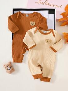 SHEIN 新生儿男宝宝坑条纹棕色和杏色两件套长袖连体衣面料舒适、简单、休闲 - 彩色 - 查看 2