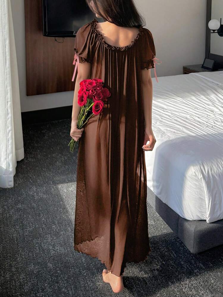 Charming Sheer Mesh Off-Shoulder Ruffle Hem Long Sexy Nightgown For Women