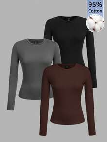 Tseoso 3件套黑色休闲长袖修身长T恤套装，适合秋冬季，95%纯棉 - 彩色 - 查看 3