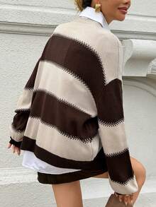 DAZY Áo len chui đầu dài tay trễ vai màu tương phản thường ngày thời trang nữ - Cà phê nâu - Xem 3