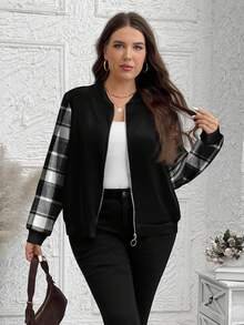 SHEIN Essnce Chaqueta de béisbol con cremallera, estilo universitario casual, de talla grande, con estampado de cuadros de retazos, adecuada para otoño/invierno - Multicolor - Ver 3