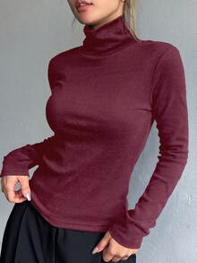 FRIFUL 女士休闲日常通勤简约纯色高领长袖保暖修身T恤，秋冬款 - 酒紅色 - 查看 2
