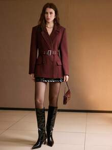 MOTF PREMIUM Áo khoác blazer họa tiết sọc cổ bẻ cài hai hàng khuy, có khóa cài, thắt lưng, thu đông - Màu Đỏ Sâu - Xem 4