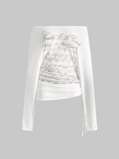 Grunge Punk Romantic Punk Cross & Letter Print Off Shoulder Long Sleeve T-Shirt For Women
