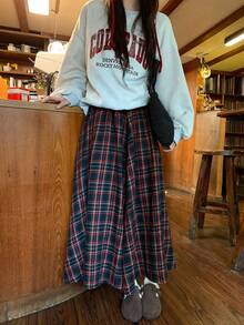 DAZY 女士格子休闲中长宽松A字裙 - 紅色 - 查看 4