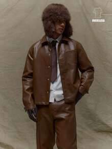 Musero 宽松版型长袖皮革领扣衬衫夹克隐形门襟细节秋季秋冬 - 咖啡棕 - 查看 1