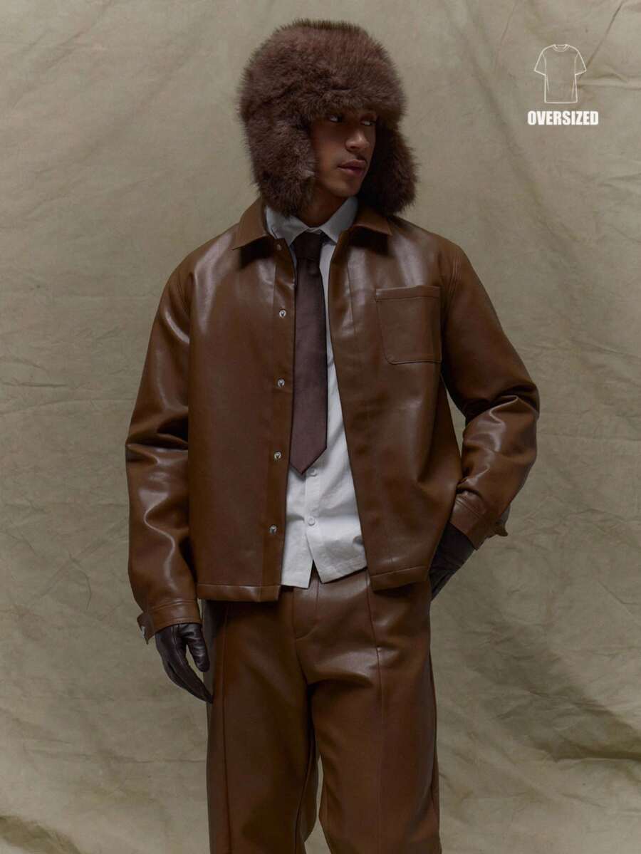 Musero 宽松版型长袖皮革领扣衬衫夹克隐形门襟细节秋季秋冬 - 咖啡棕 - 查看 1
