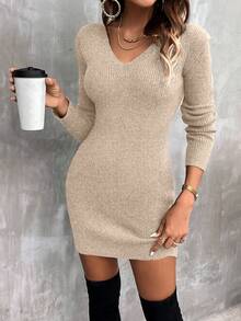 EMERY ROSE Women's Casual V-Neck Long Sleeve Fitted Knit Sweater Dress, Autumn/Winter - Apricot - View 3