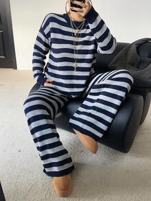 POPSWAY 大码女式休闲宽松舒适条纹针织毛衣 + 条纹裤 2 件套，适合日常通勤、室内外穿着，万圣节/圣诞节的绝佳礼物，春/秋，秋/冬 - 寶藍色 - 查看 3