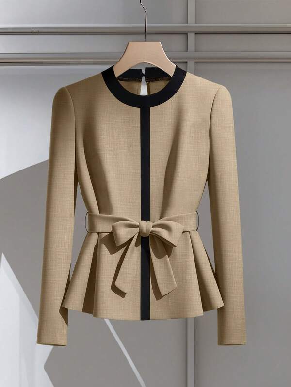 Franclia Women's Fashionable Elegant Contrast Color Belt Long Sleeve Shirt Jacket Suit For Women Suits For Woman Professional Clothes Women Sets Dress Jacket Interview Clothes Women