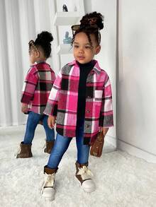 SHEIN Conjunto de 3 piezas: Chaqueta a cuadros, top de punto y pantalones para bebé niña, lindo conjunto casual de otoño/invierno - Rosa Fucsia - Ver 4