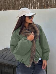 DAZY 女款撞色領寬鬆休閒街頭厚款冬季外套大衣 度假穿搭 - 軍綠色 - 查看 3