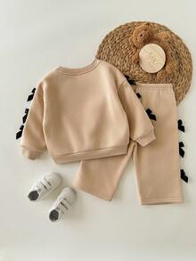 SHEIN 2件套女婴可爱针织灰色蝴蝶结长袖运动衫和裤子套装 - 杏色 - 查看 2