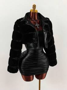 Amplova Women's Solid Color Minimalist Long Sleeve Faux Fur Jacket, Everyday Wear,Party Dresses For Women - Black - View 12