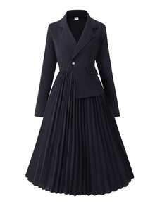 少女时尚甜美不对称领腰部收腰褶皱纯色连衣裙，略显正式 - 黑色 - 查看 7