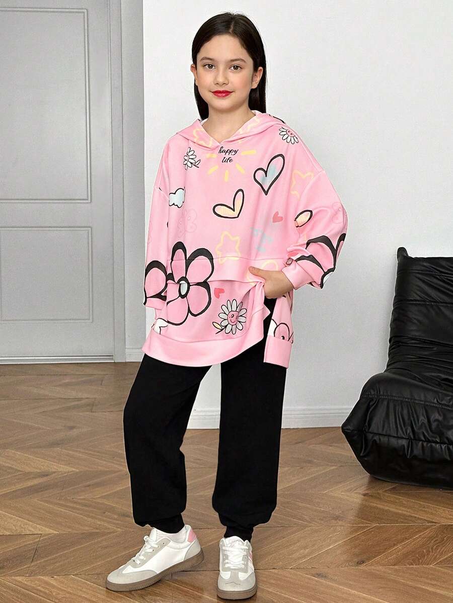 SHEIN 青少年女孩休闲运动学院街头涂鸦卡通英文口号印花宽松落肩超大长袖连帽衫和针织紧身慢跑裤 2 件套 - 淺粉色 - 查看 1