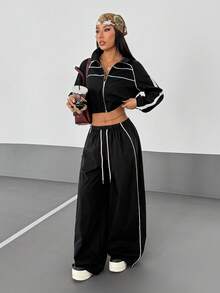 StreetHx Bộ 2 món áo khoác raglan tay dài có khóa kéo phía trước và quần ống rộng phong cách đường phố thể thao thoải mái dành cho nữ - màu đen - Xem 5