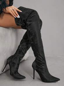 CUCCOO SZL Botas altas de tacón puntiagudo negro brillante para mujer, clásicas y versátiles para ir al trabajo, citas, fiestas y vacaciones