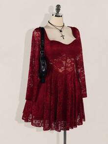 SHEIN ICON 大码女式甜心领蕾丝拼接长袖优雅连衣裙 - 紅色 - 查看 8